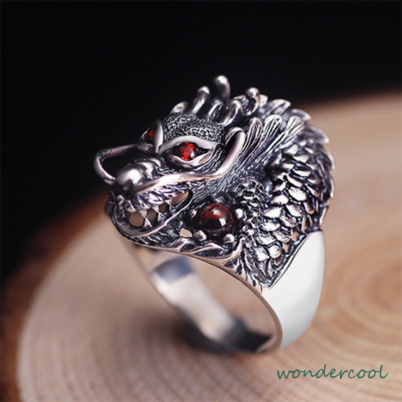 Berlapis Perak Perhiasan Pribadi Kepala Naga Bertatahkan Cincin Zirkonia Vintage Cincin Naga-Won