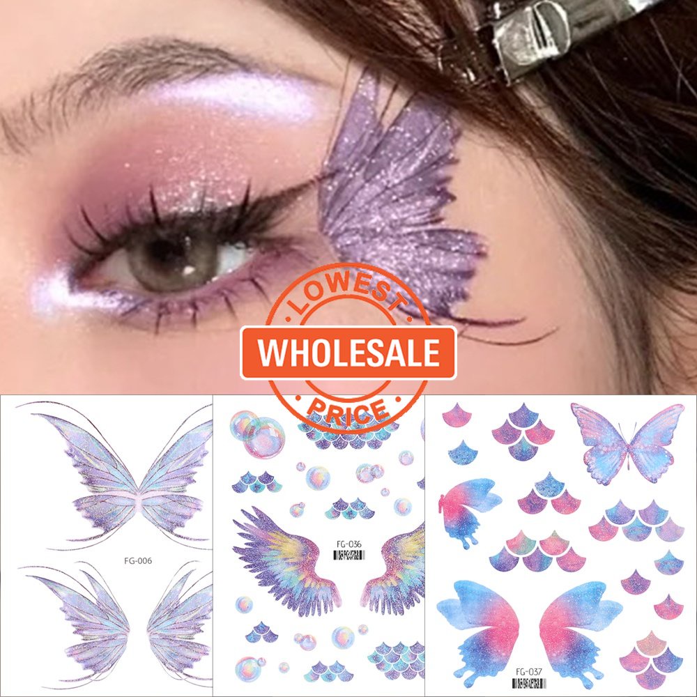 [Harga Grosir] 1lembar Wanita Mori Face Glitter Butterfly Temporary Tattoo Stiker/Cewek Tahan Air Butterfly Bunga Dada, Bahu, Tubuh Seni Palsu Tato Sticker