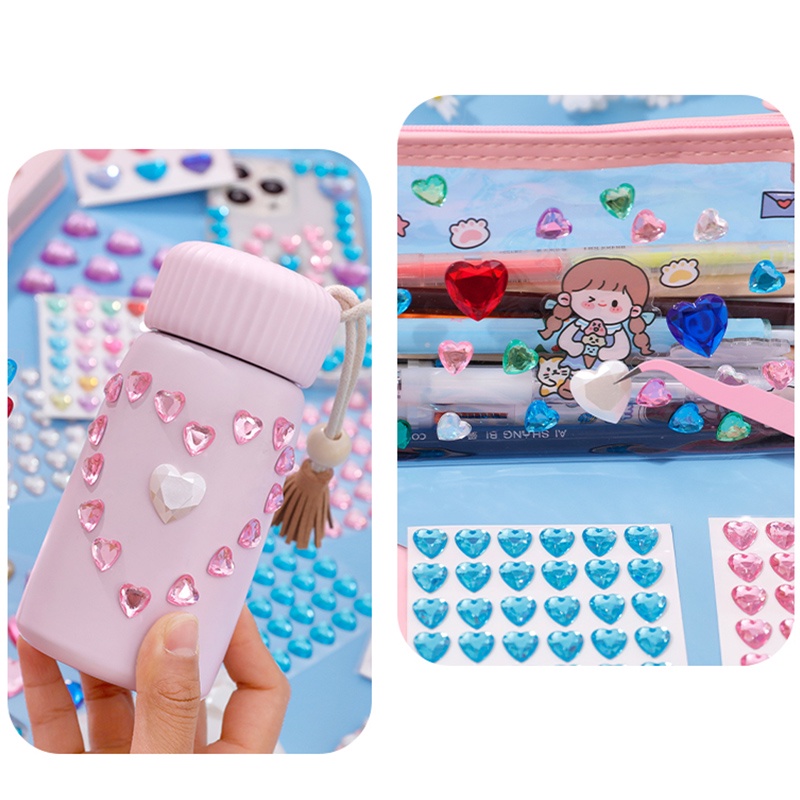 Sparkling 3D Cinta Hati Kristal Permata Stiker Air Kaca Dekorasi DIY Shiny Diamond Stickers