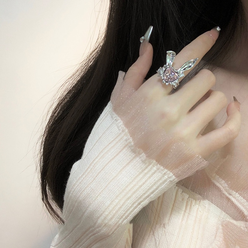 Baru Indah Telinga Kelinci Cincin Yang Dapat Disesuaikan Bunny Zirkon Perhiasan Pembukaan Cincin Untuk Gadis Pasangan Wanita Hari Valentine Hadiah Graduate