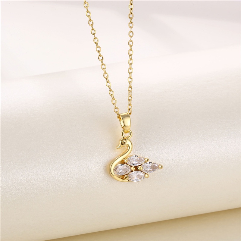 Fashion Kalung Emas Asli Kadar 375 Wanita Korea Zirkon Hias Swan Liontin Hadiah Pacar XL23023