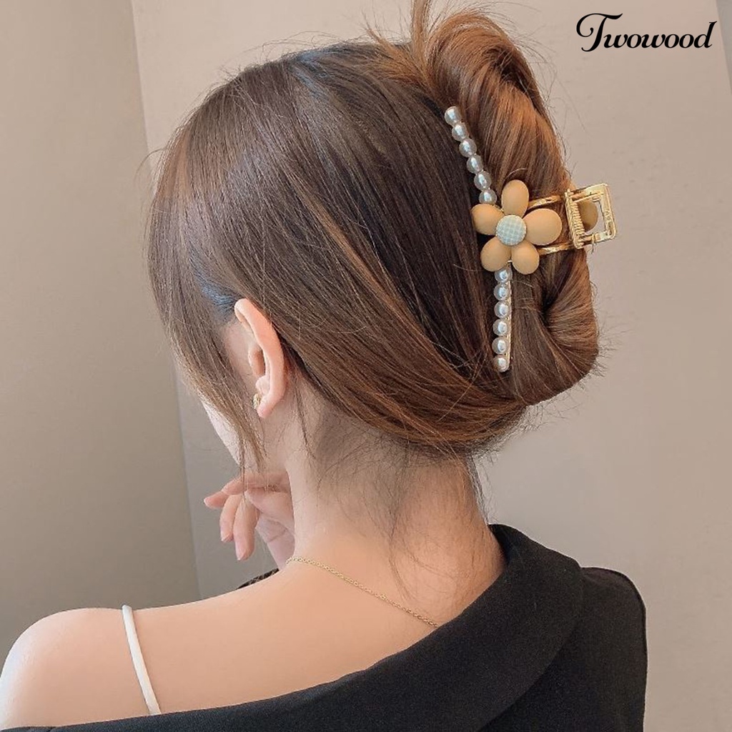 Twowood Wanita Cakar Rambut Mutiara Imitasi Bunga Dekorasi Berongga Keluar Elastis Musim Semi Cakar Kuat Hiasan Rambut Anti Karat High-end Hair Gripper Alat Styling Rambut