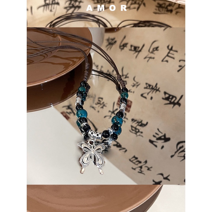 Kalung Liontin Kupu-Kupu Keramik Gaya Etnik China Baru Hip Hop Kerah Rantai Art Retro Aksesoris