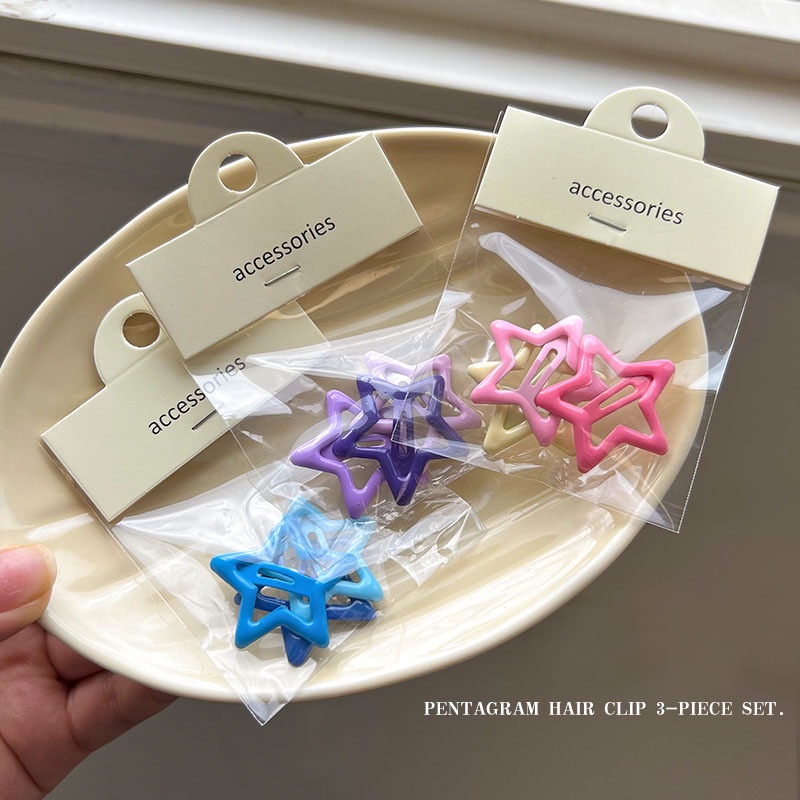 [Harga Grosir] 3pcs Klip Sisi Perempuan Gaya Korea Y2K Gadis Manis Keren Klip BB Lucu Klip Tanpa Jejak Musim Panas Gadis Jepit Rambut Warna-Warni Bintang Jepit Aksesoris Rambut Alat Styling