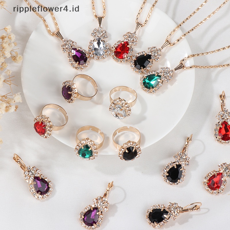 {rippleflower4.id} Fashion Eropa Amerika Perhiasan Liontin Anting Cincin Set Pengantin Dekorasi Hadiah Tetesan Air Berlian Kalung Anting Cincin Set~