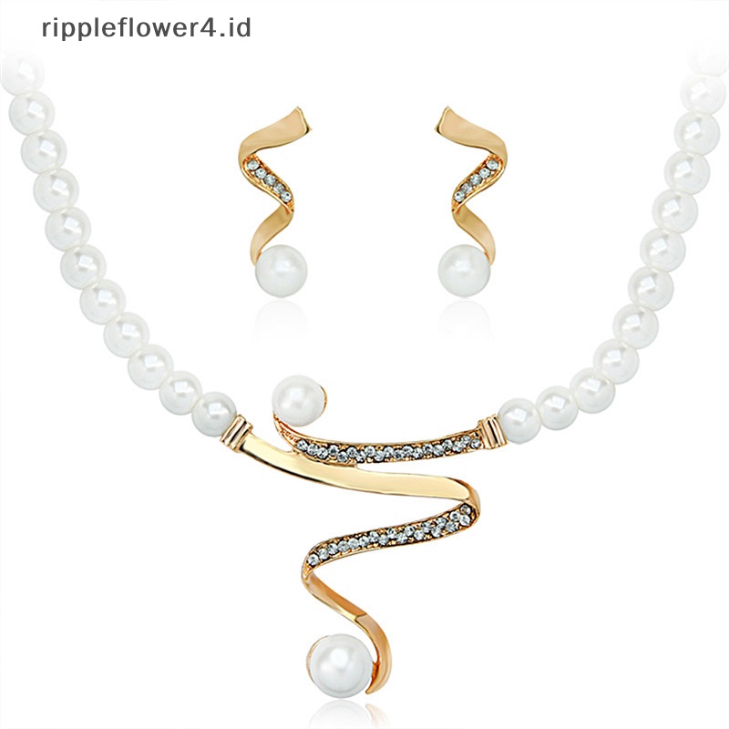 {rippleflower4.id} Baru Wanita Pengantin Pesta Pernikahan Mutiara Berlian Imitasi Kalung Anting Set Perhiasan~