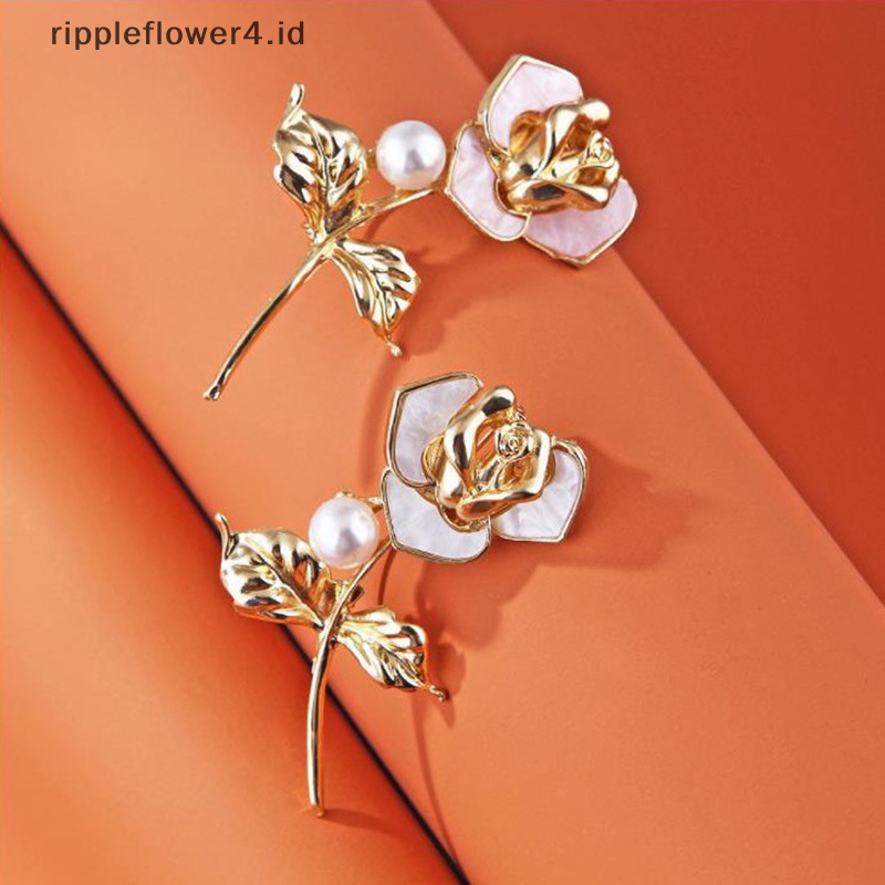 {rippleflower4.id} Fashion Mutiara Bunga Mawar Enamel Bros Kerah Pin Wanita Gadis Perhiasan Hadiah~