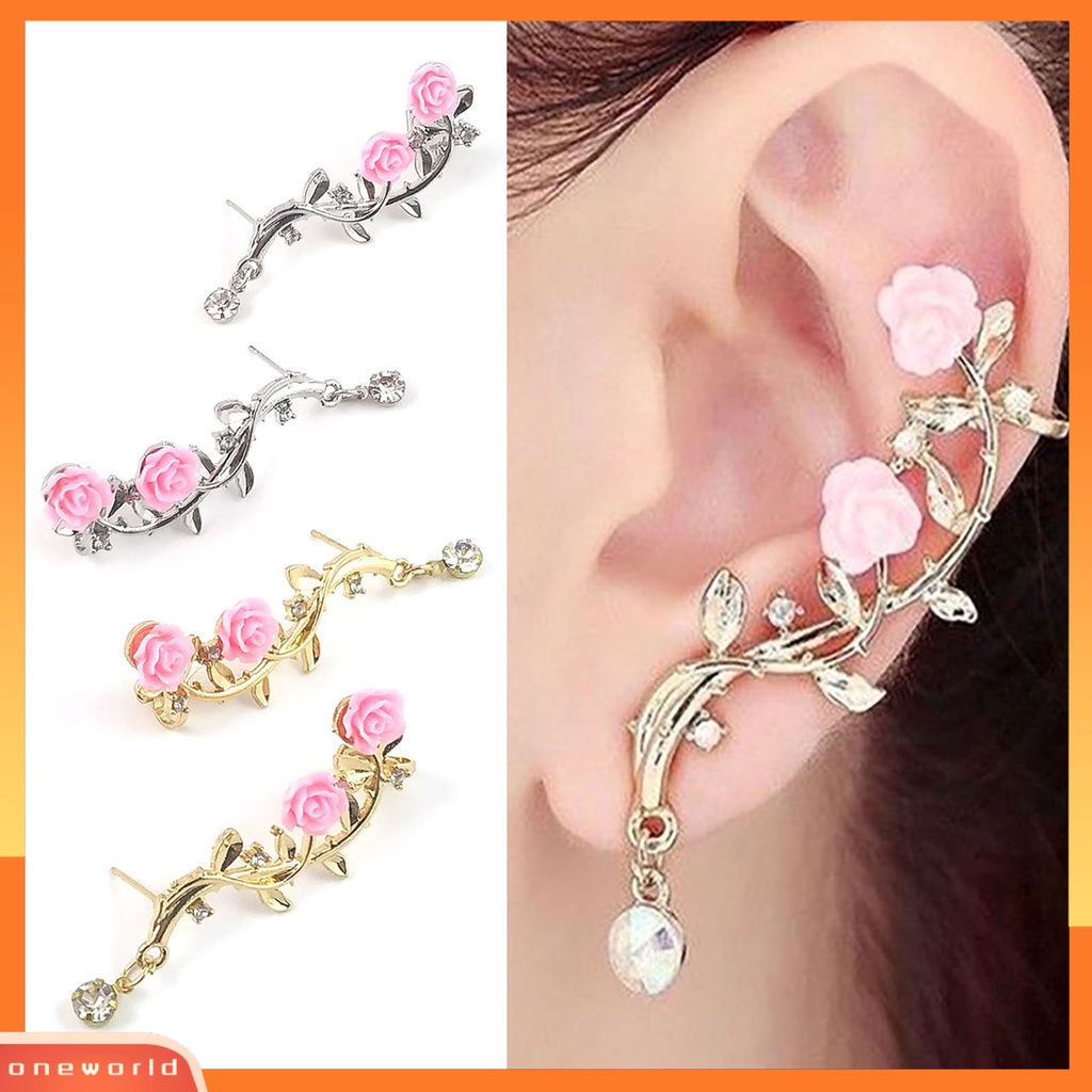 [WOD] 1pasang Berlian Imitasi Bersinar Tindik Telinga Studs Bunga Mawar Cabang Cuff Earrings Fashion Jewelry