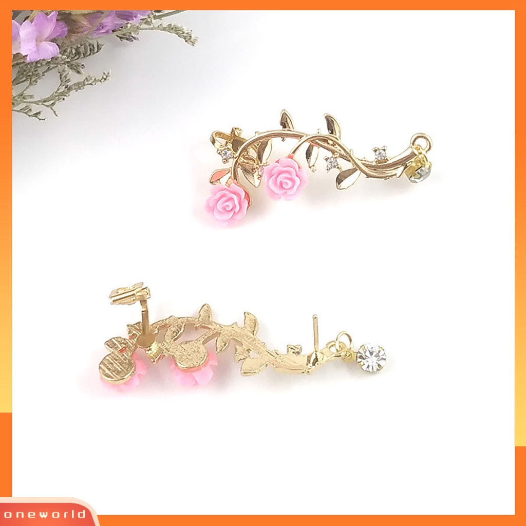 [WOD] 1pasang Berlian Imitasi Bersinar Tindik Telinga Studs Bunga Mawar Cabang Cuff Earrings Fashion Jewelry