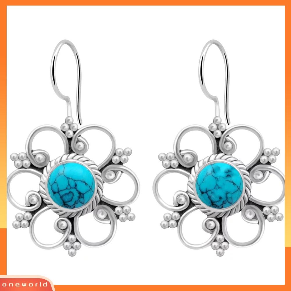 [WOD] Vintage Wanita Imitasi Pirus Berongga Bunga Menjuntai Kait Anting Perhiasan Pesta
