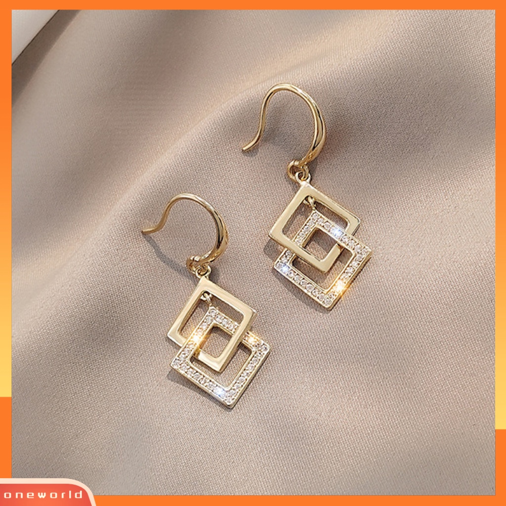 [WOD] 1pasang Wanita Drop Earrings Berlian Imitasi Mengkilap Hias Kokoh Bentuk Geometris Menjuntai Anting-Anting Hadiah Ulang Tahun