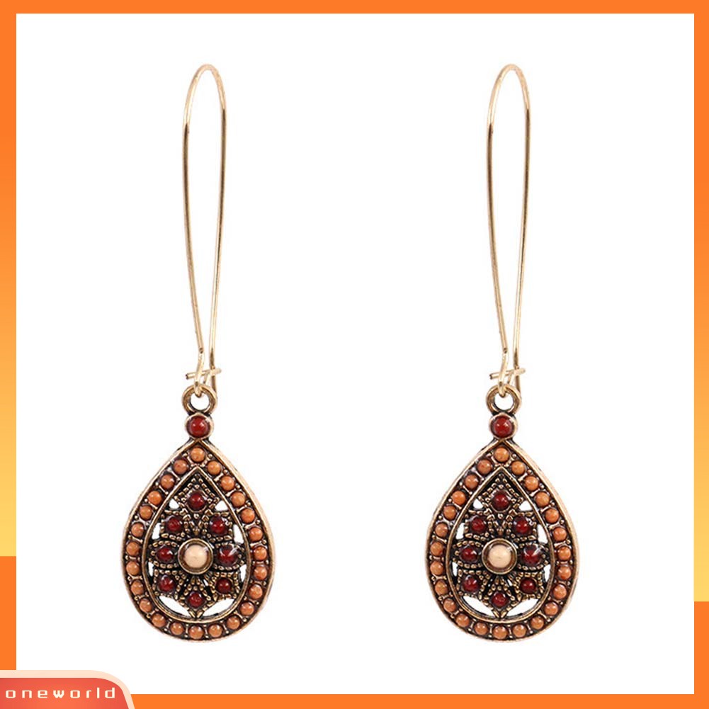 [WOD] Bohemian Wanita Manik-Manik Faux Turquoise Hias Hollow Teardrop Menjuntai Kait Anting