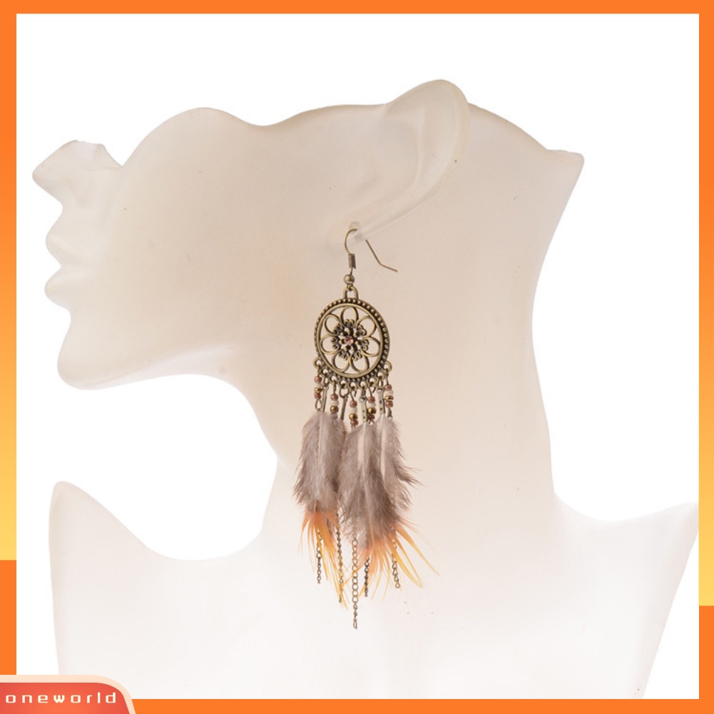 [WOD] Fashion Wanita Dream Catcher Bulu Panjang Menjuntai Kait Anting Rumbai Hadiah