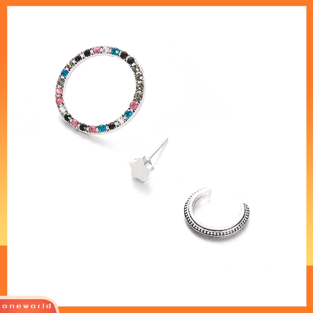 [WOD] 3 Pcs Wanita Chic Berlian Imitasi Bintang Lingkaran Telinga Studs Manset Klip Set Anting-Anting Jalan