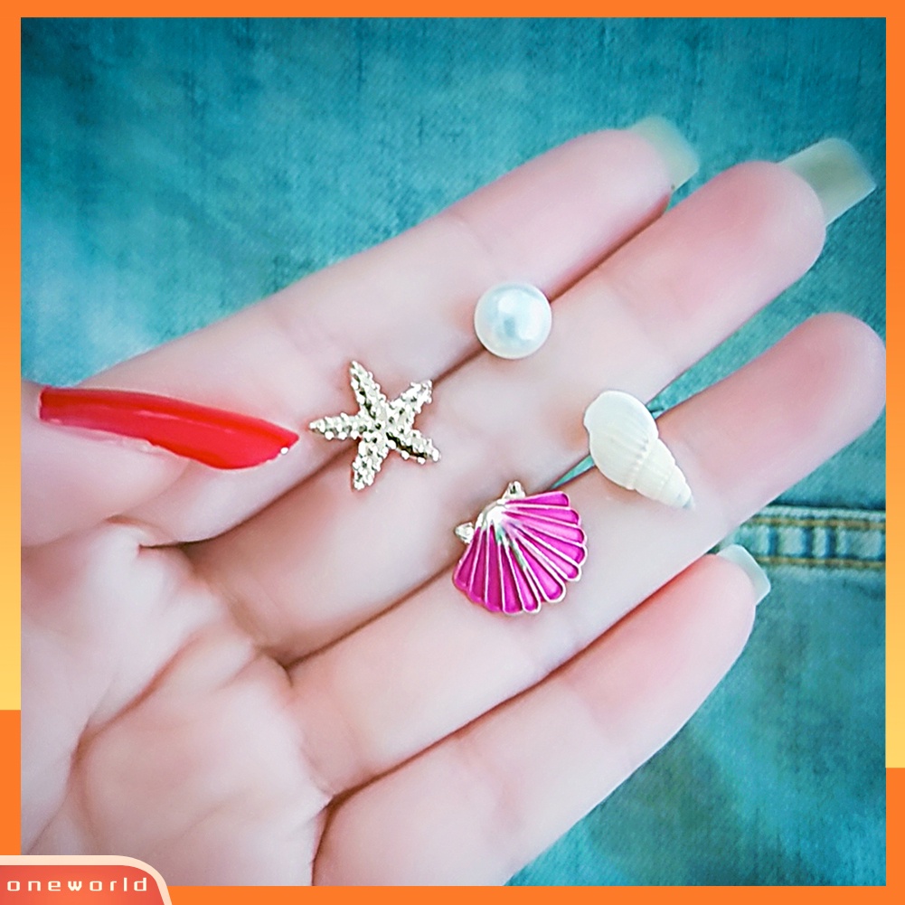 [WOD] 4pcs/set Musim Panas Pantai Bintang Laut Kerang Mutiara Imitasi Wanita Stud Earrings Hadiah