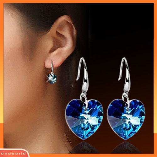 [WOD] Wanita Hati Biru Berlian Imitasi Alloy Ear Hook Menjuntai Eardrop Earrings