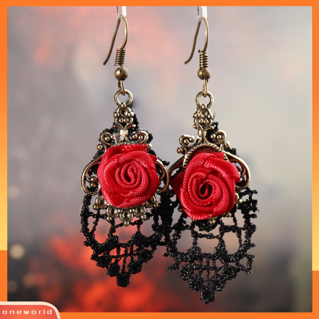 [WOD] 1pasang Fashion Wanita Renda Mawar Merah Berongga Menjuntai Kait Anting Perhiasan Hadiah