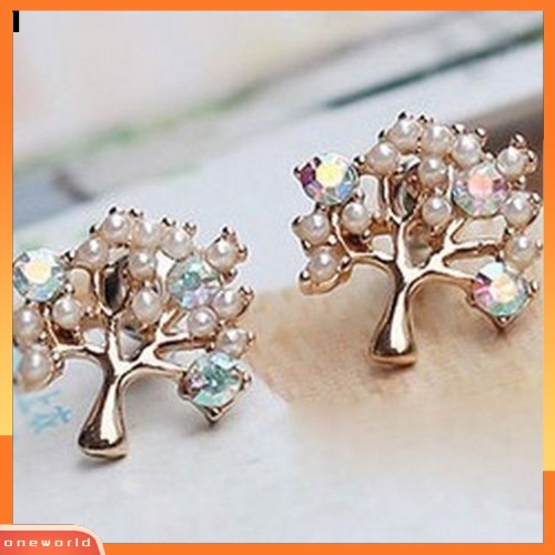 [WOD] Fashion Wanita Lucu Berlian Imitasi Mutiara Imitasi Bentuk Pohon Kecil Stud Earrings