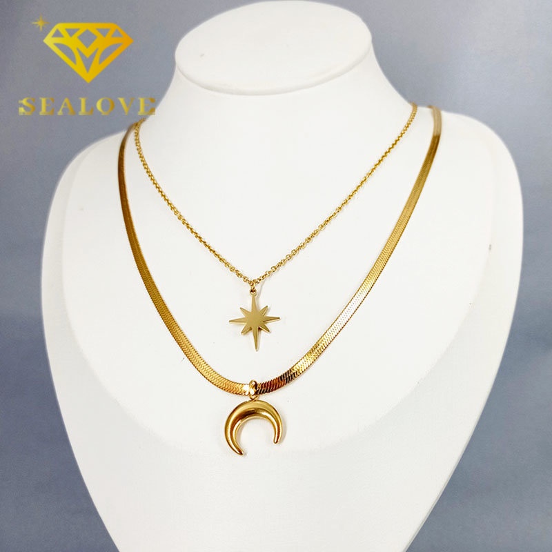 Kalung Titanium Anti Karat Bulan Bintang Emas 18K Cantik Mewah Korea Rantai Belut Aksesoris Wanita Perhiasan