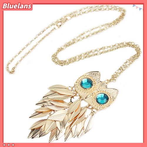 [BLS] Fashion Wanita Nada Emas Daun Owl Pesona Liontin Kalung Rantai Panjang