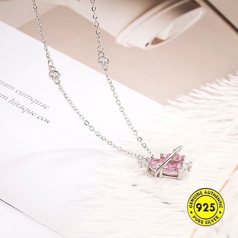 S925 Perak Pink Berlian Love Kalung Cahaya Mewah Manis Pink Planet Ornamen U1753