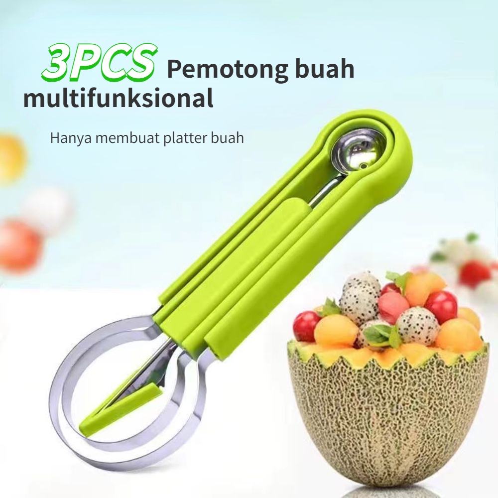 Pemotong Buah Stainless Steel 3in1 Produksi Cepat Piring Buah Alat Dapur Untuk Coring Dan Pengiris Buah