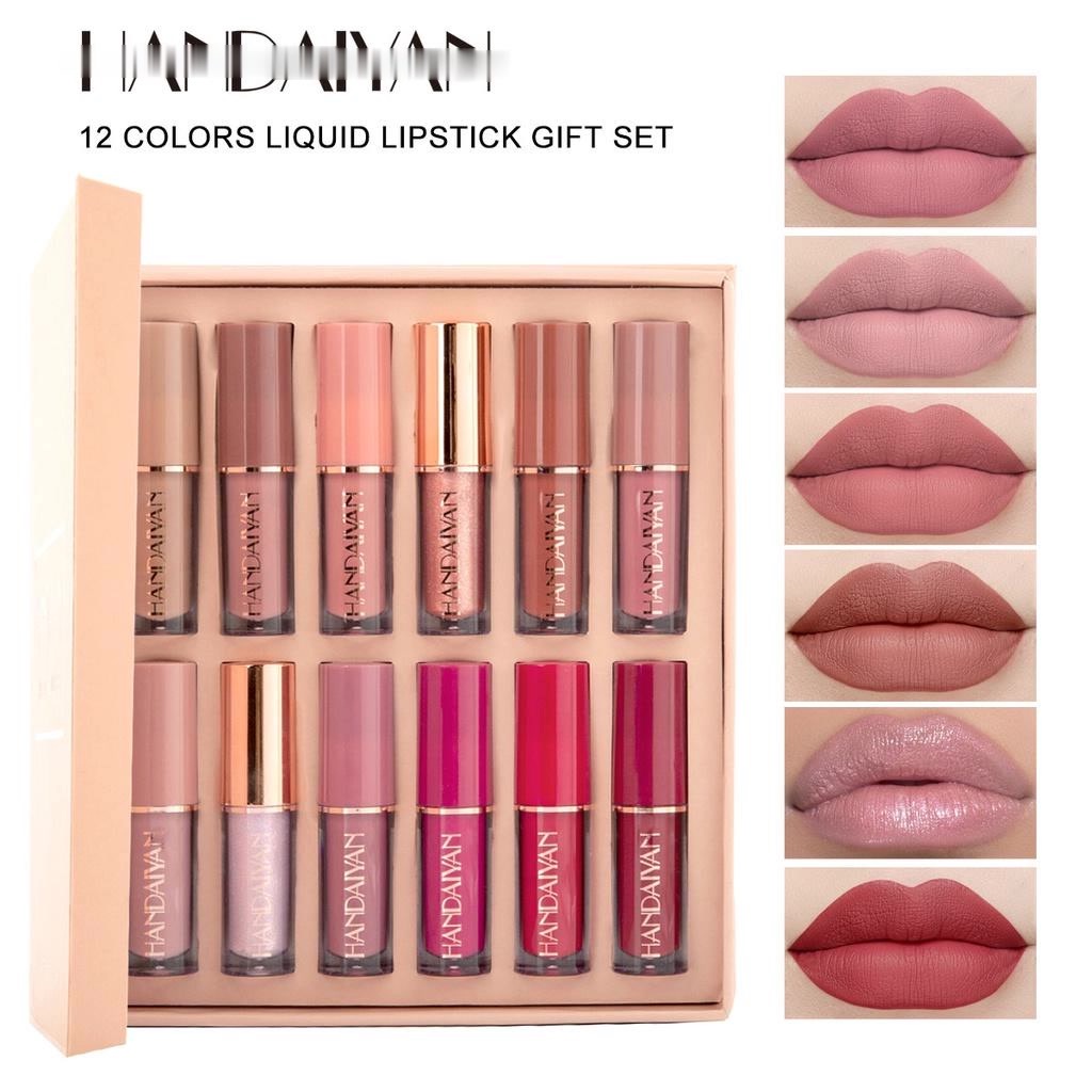 HANDAIYAN 12 Warna Lipstik Set Lip Gloss Matte Piala Non -stick Lip Glaze Tahan Air