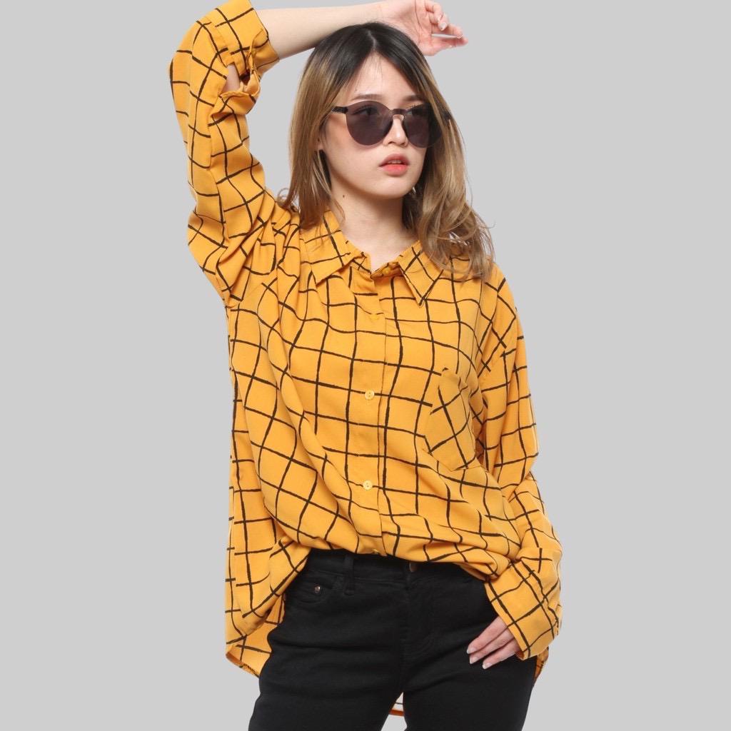 atasan wanita/baju wanita/baju kemeja wanita/KEMEJA WANITA MOTIF KOTAK M L XL XXL 3XL