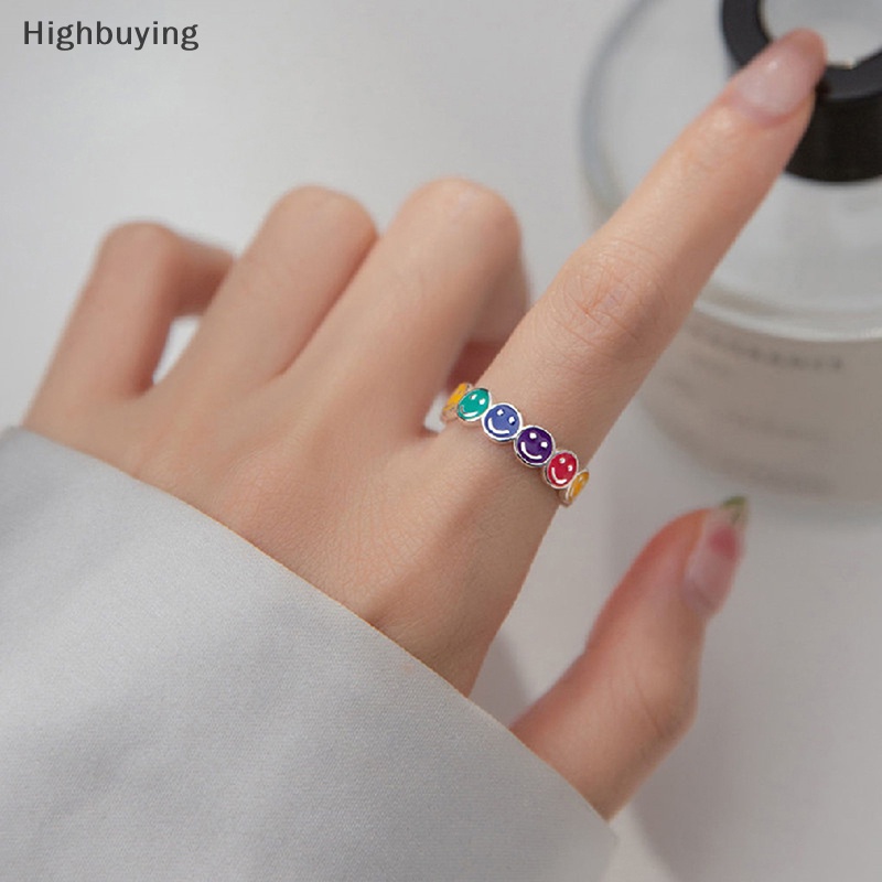 Hbid Wanita Pria Cincin Wajah Senyum Warna-Warni Sederhana Trendi Retro Adjustable Anillos Hadiah Pesta Aksesoris Halus Glory