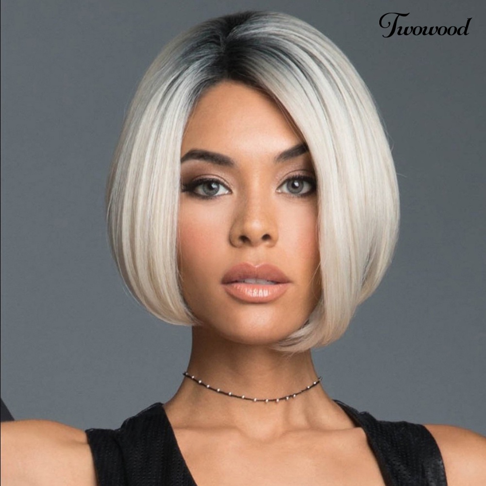 Twowood Wanita Fashion Gradien Bob Lurus Wig Tahan Panas Pendek Sopak Sintetis