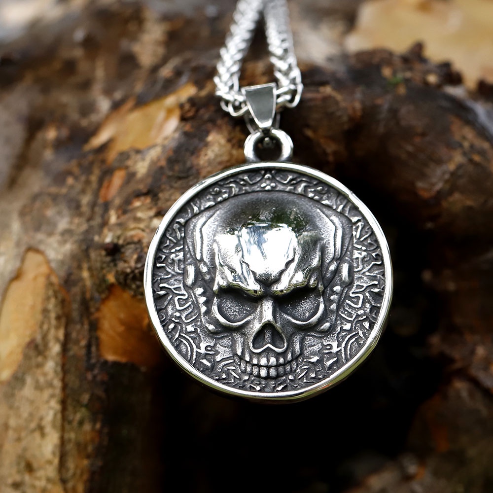 Vintage Fashion Punk Overpowering Dua Sisi Kerangka Liontin Rantai Kalung Pria Perhiasan Hadiah