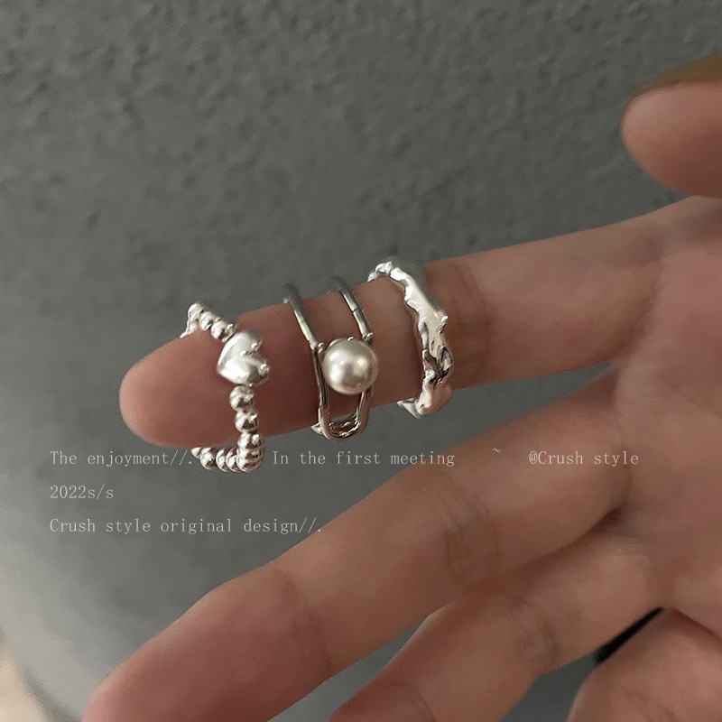 3pcs /Set Set Cincin Perak Untuk Wanita Mutiara Hati Twist Open Ring Simple Aksesoris Perhiasan