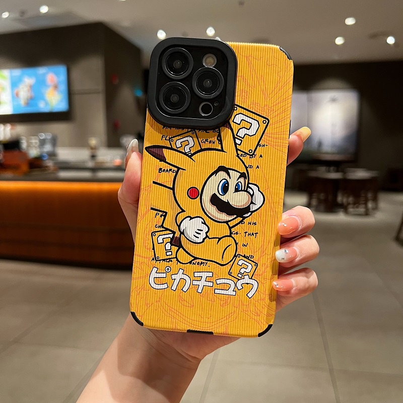 IPHONE Soft case Pelindung Kulit Tekstur Vertikal Kartun Pikachu Mario Untuk Iphone14 13 12 11 Pro Max X XR XS Max7 8 Plus