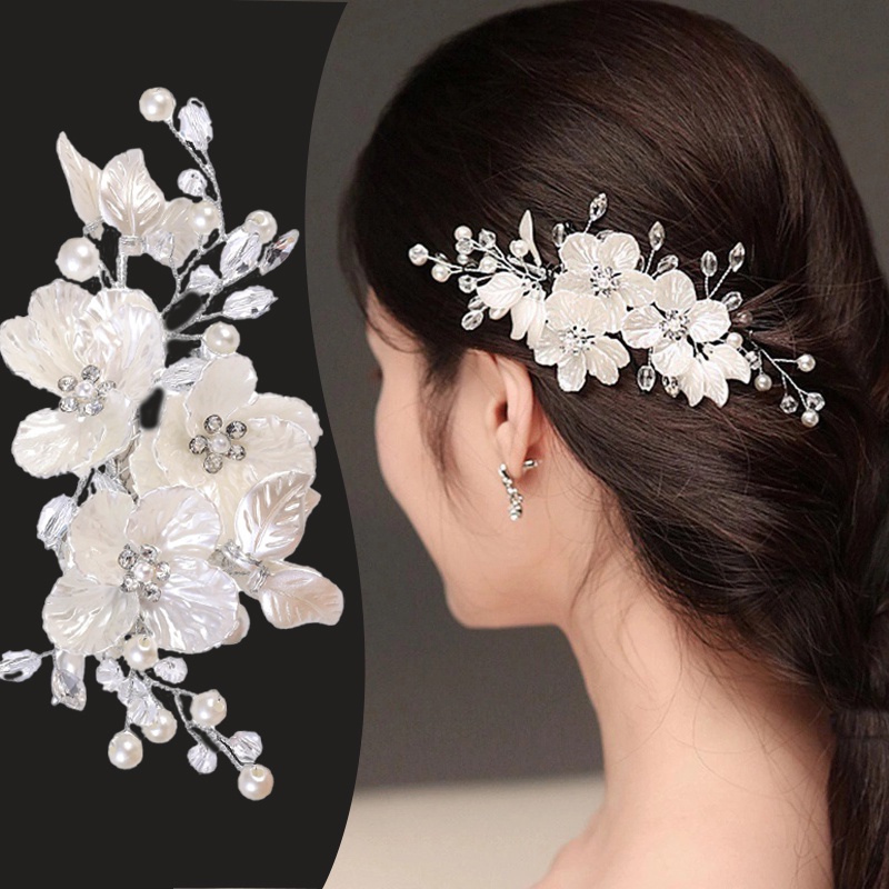 Jepit Rambut Bunga Kristal Mutiara Daun Gaya Eropa/ Hiasan Kepala Berlian Imitasi Handmade Elegan/ Pin Rambut Pengantin Bridesmaid