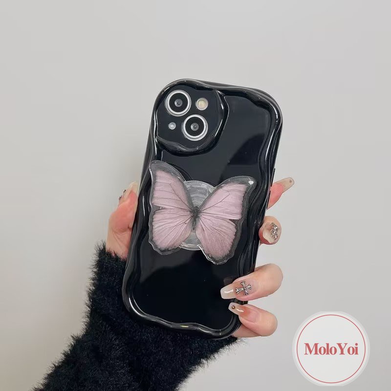 IPHONE Fantasy Braket Kupu-Kupu Lipat Ring Holder Case Kompatibel Untuk Iphone7 8 6 6s Plus 11 14 12 13 Pro Max XR XS X Max Se2020 3D Wavy Curved Edge Fashion Penutup Cat Air Sederhana