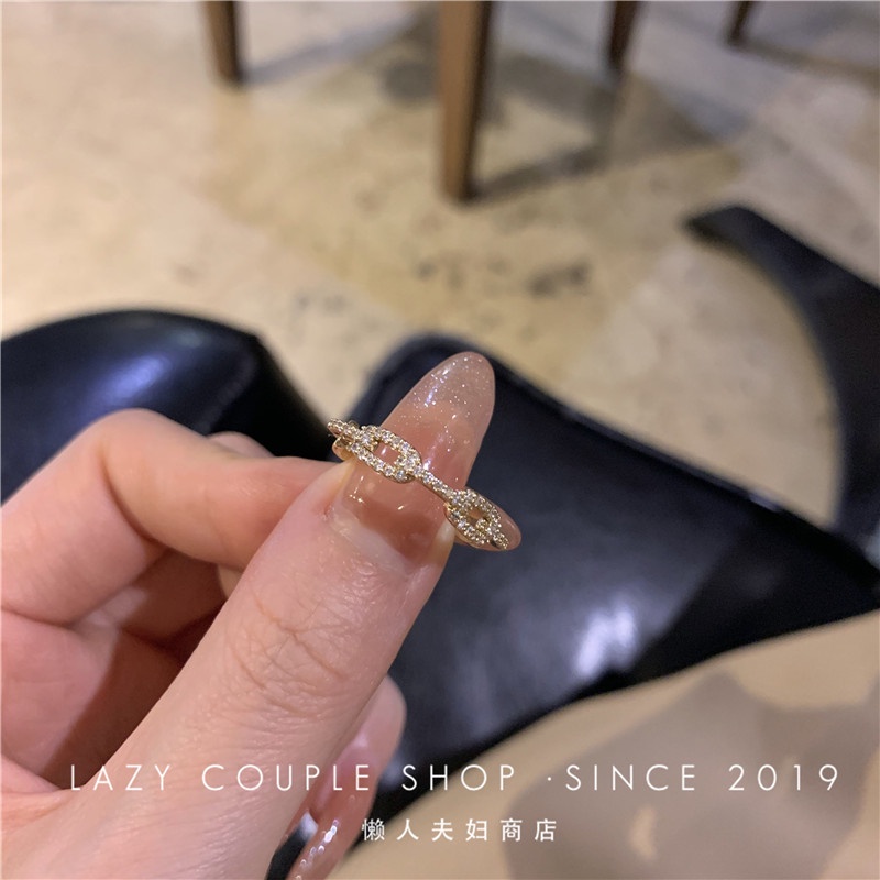 Cincin Rantai Zirkon Hias Mikro All-match Desain Niche Perempuan Gaya Keren Cincin Jari Telunjuk Terbuka