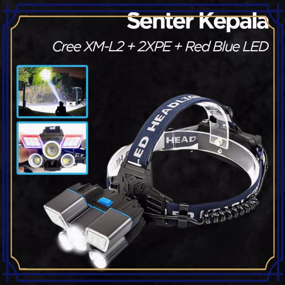 Senter Kepala Headlamp Cree XM-L2+2XPE+Red Blue LED - TG-007
