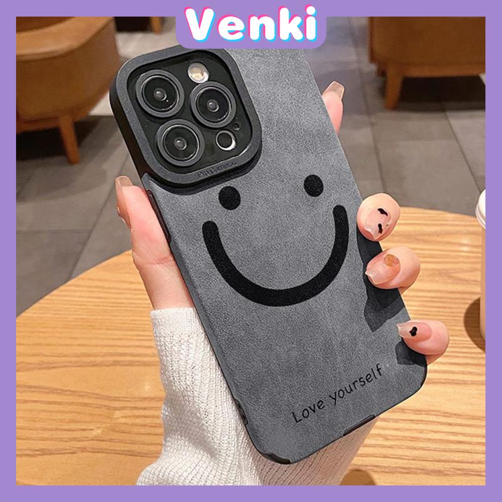 VENKI - Untuk iPhone 11 Case Kulit Anak Sekolah Suede Case Lembut Tahan Guncangan Ponsel Case Kamera Hitam Sederhana Senyum Kompatibel dengan iPhone 14 13 Pro max 12 Pro max xr xs 7Plus 8Plus