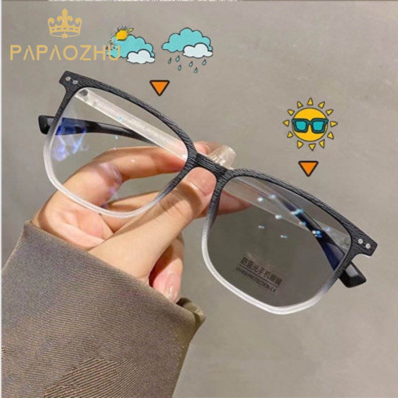 Papaozhu Unisex Retro Matte Square Frame Kacamata Anti Radiasi Berubah Lensa Kacamata Outdoor Sunglasses Shades Chic Sunnies Eyewear