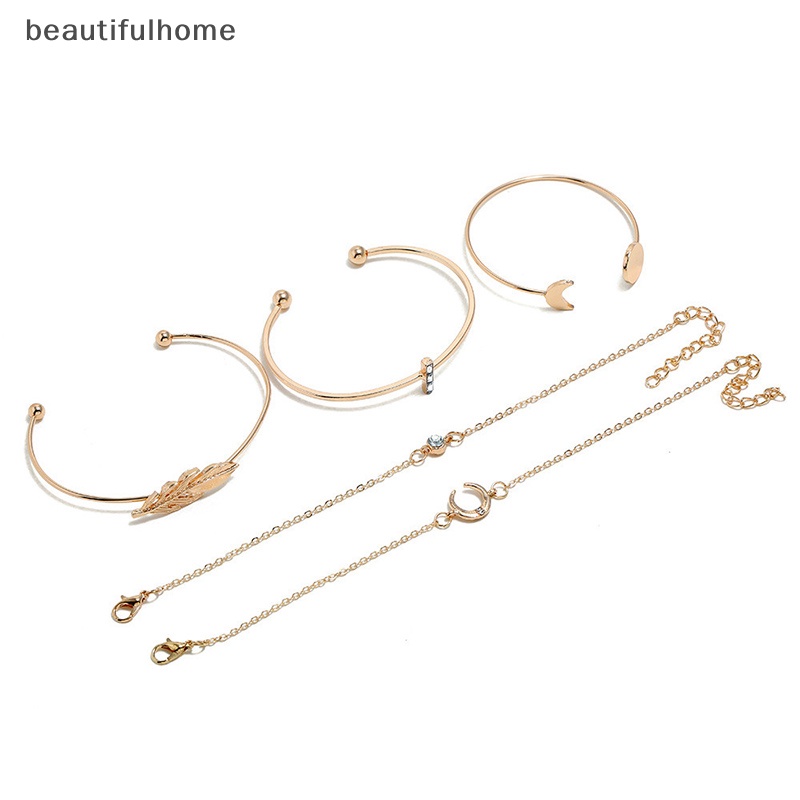 {beautifulhome} Berlian Imitasi Matahari Bulan Gelang Wanita Jumbai Daun Melingkar Rantai Bangle Perhiasan.