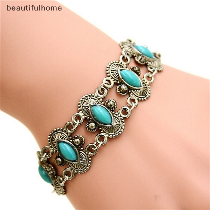 {beautifulhome} Sexy Bohemian Fashion Wanita Perak Turquoise Bangle Gelang Pergelangan Tangan Band Perhiasan.