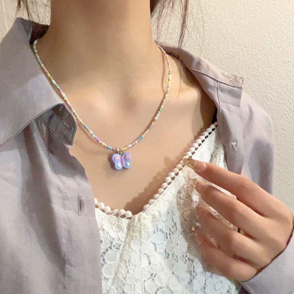 Needway Manik-Manik Kalung Pesta Harajuku Pink Ungu Dopamin Akrilik Y2K Choker Untuk Wanita