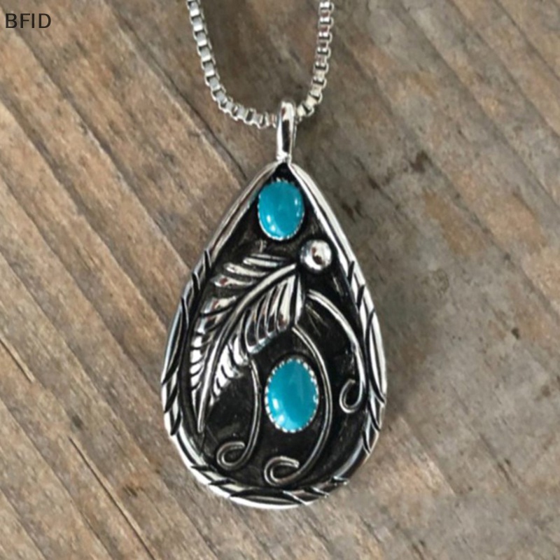 [BFID] Vintage Leaf Green Stone Color Pendant Necklace Bohemia Pernyataan Perhiasan Tetesan Air Liontin Kalung Wanita [ID]