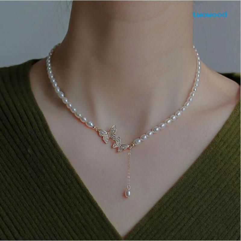 Twowood Fashion Mutiara Kalung Cahaya Mewah Berlian Minor Kupu-Kupu Pendek Choker Klavikula Rantai