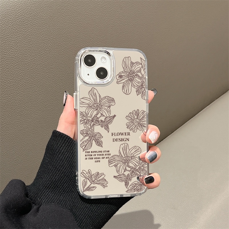 IPHONE Line Flower Design Mirror Phone Case Kompatibel Untuk Iphone11 12 13 14 12Pro 13Pro 14Pro Pro Max XR X XS Max Electroplating Tombol Perlindungan Mirror Cover