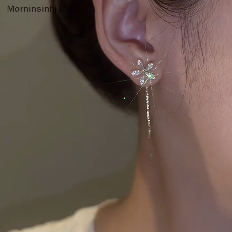 Mornin 1pasang Indah Fashion Zirkon Bersinar Bunga Anting Cahaya Panjang Rumbai Rantai Menjuntai Anting-Anting Bermutu Tinggi Desain Perasaan Ornamen Perhiasan id