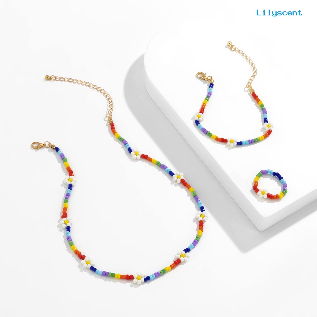 [LS]1 Set Kalung Gelang Cincin Manik-Manik Perhiasan Warna-Warni Handmade Set Perhiasan Manik-Manik Bunga Untuk Pantai