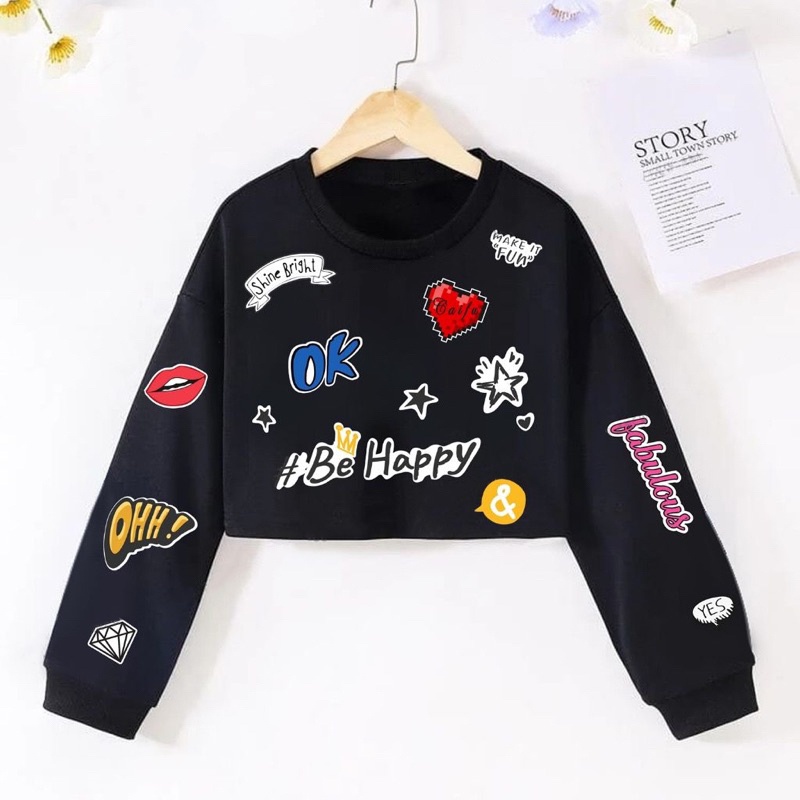 BEFAST - ZGW SWEATER RELYA / Sweater Crop BE HAPPY OK Fleece (LD 110, P 43) / Pakaian Casual Wanita Remaja / Sweater Crop Motif Lucu / Fashion kekinian Wanita Remaja ABG / Atasan Wanita Lengan panjang / Pakaian Hangout Wanita