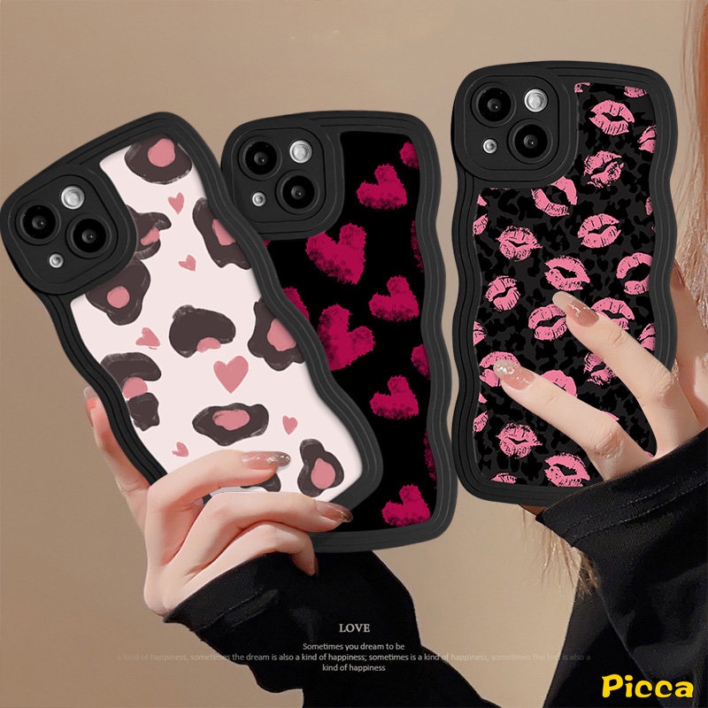 Art Doodle Vintage Leopard Print Bibir Cinta Hati Casing Ponsel Untuk IPhone XR 7Plus 11 13 11 12 14 Pro Max X XS Max Se2020 6s 8 6 7 Plus Tepi Bergelombang Soft Back Cover