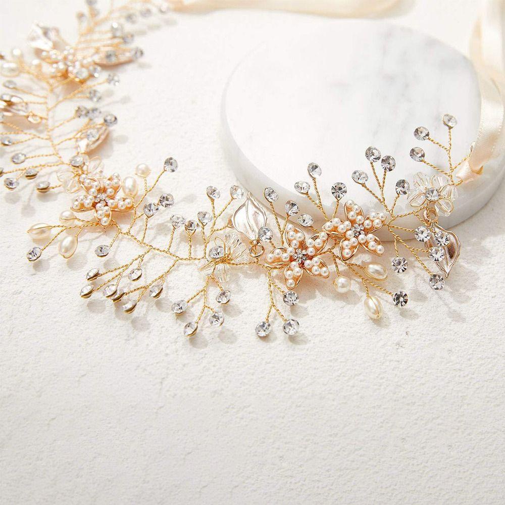 Lily Pearl Hair Vine, Aksesoris Rambut Bando Pengantin Wanita, Perhiasan Tiaras Berlian Imitasi Buatan Handmade Leaf Flower Hair Band Untuk Anak Perempuan